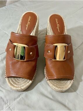 Salvatore Ferragamo Tan Brown Leather Espadrille Wedge Sandal Mule, Gold Buckle